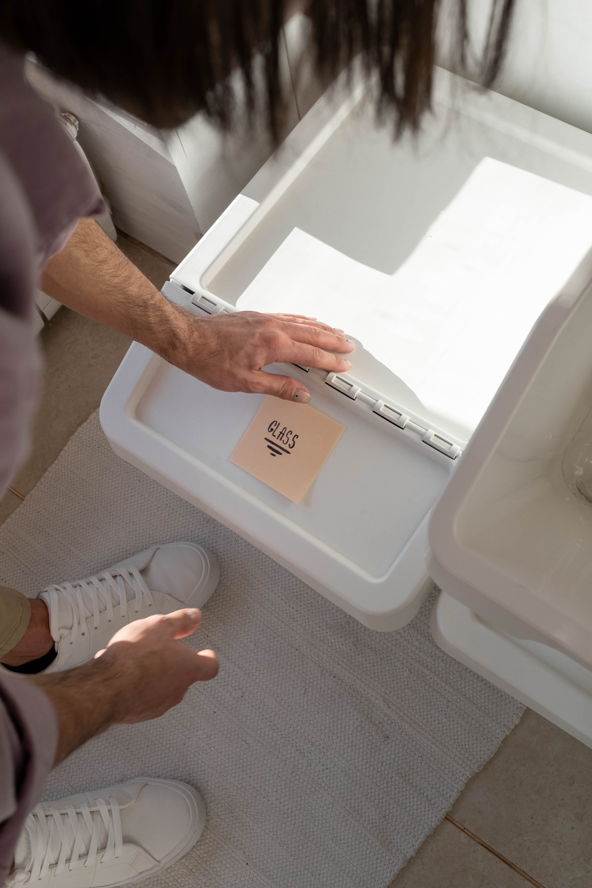 A Person Putting a Sticky Note on the White Trash Bin